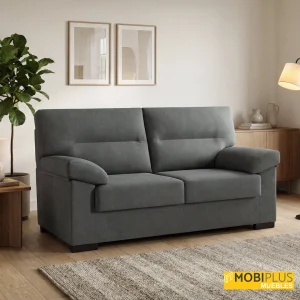 Sofá de 3 plazas tapizado en tela gris marengo en salón moderno, de MobiPlus Muebles.