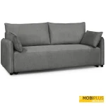 Sofá cama tipo clic-clak tapizado en tela de color gris medio en posición de sofá.