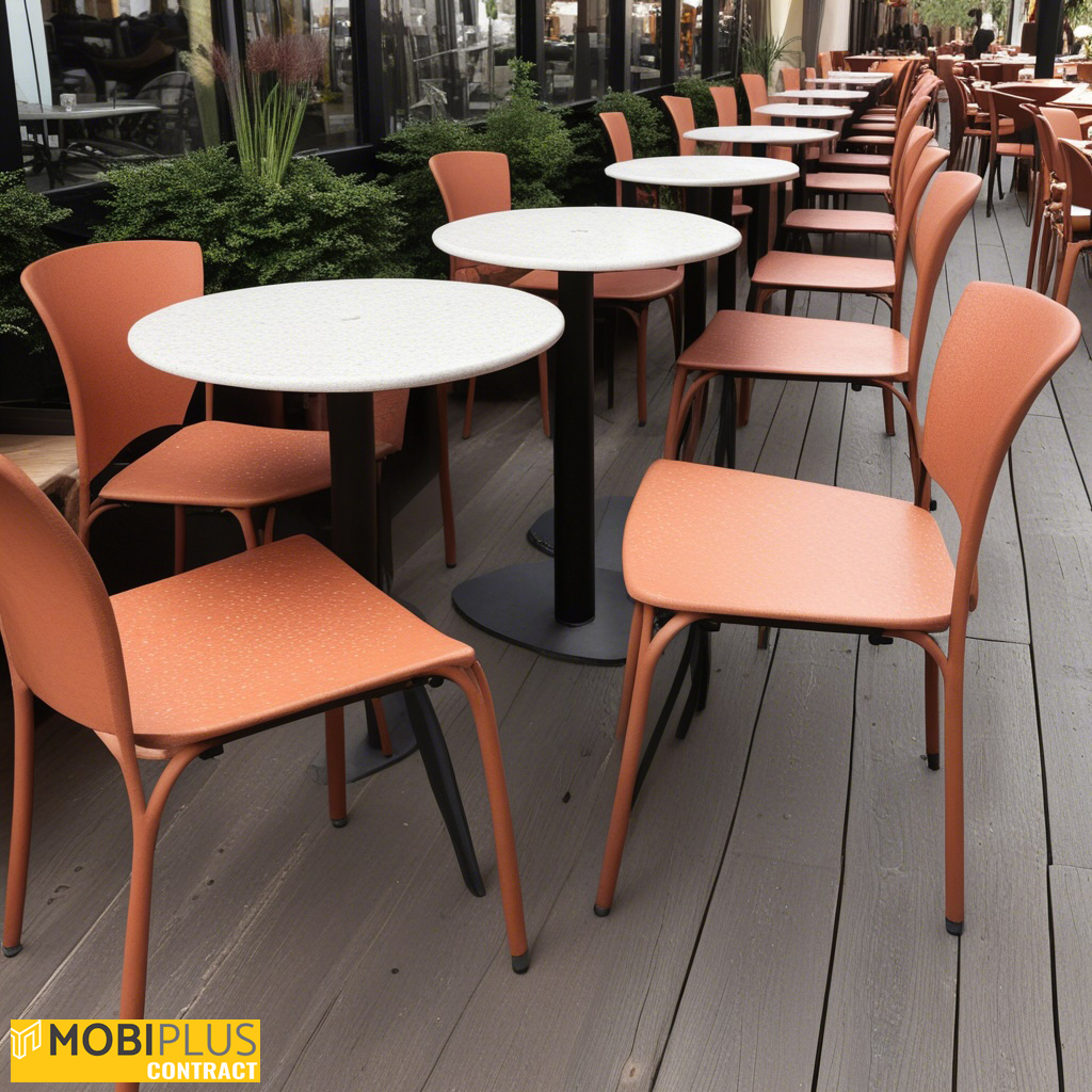 detalle de sillas y mesas de hierro forjado en una terraza de restaurante