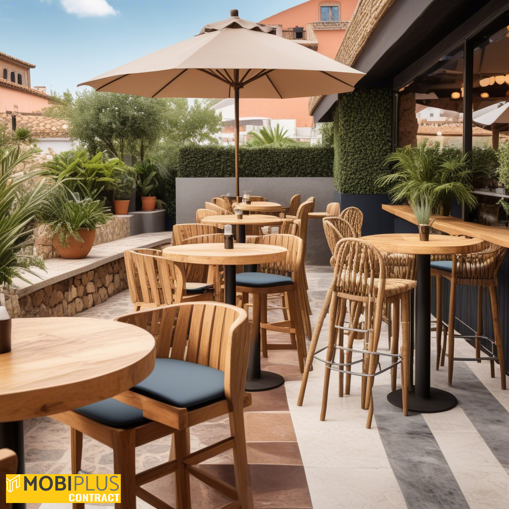 detalle de sillas y mesas de teca en una terraza de bar o restaurante