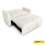 Sofá cama de 2 plazas convertible desplegado en tela de pana crema, de MobiPlus Muebles.