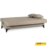 Sofá cama clic clac modelo Fiji totalmente desplegado en posición de cama tapizado en tela de color visón.
