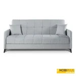 Sofá cama clic clac modelo Hawaii tapizado en tela de color gris claro en posición de sofá sobre fondo blanco.