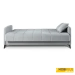 Sofá cama clic clac modelo Hawaii totalmente desplegado en posición de cama tapizado en tela de color gris claro.