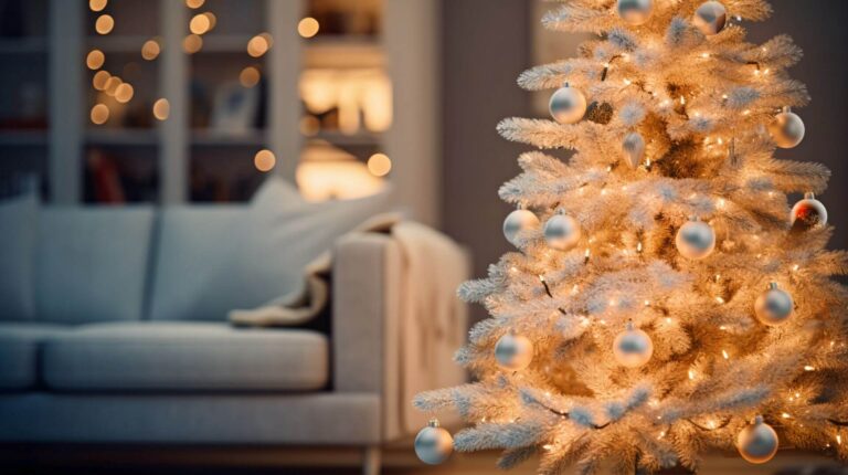 Árbol de Navidad pequeño perfectamente decorado, creando un ambiente acogedor en esta sala de estar festiva. Sofá al fondo para relajarse en la temporada navideña. #ÁrbolDeNavidad #DecoraciónNavideña #AmbienteFestivo